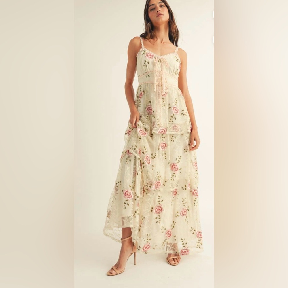 Just Me Embroidered Lace Tiered Maxi Dress